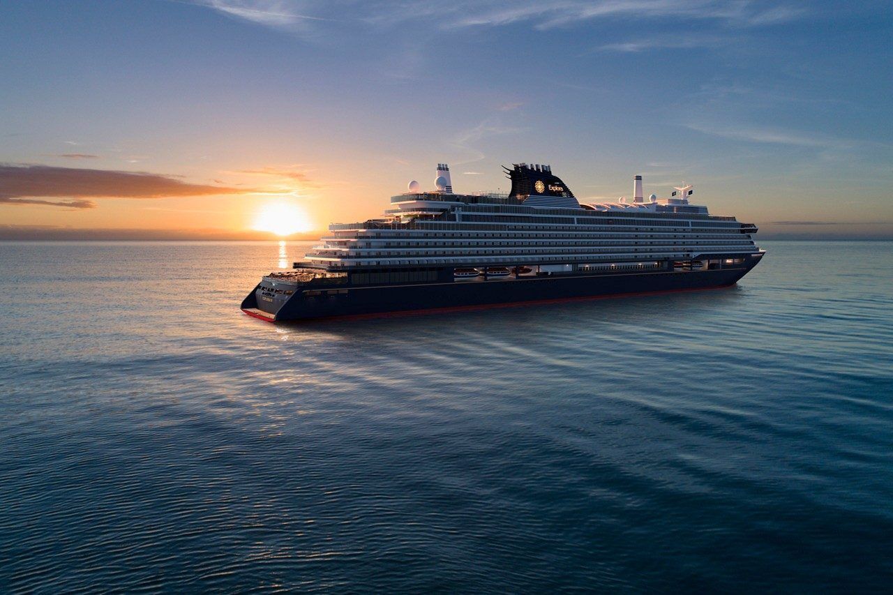 Explora cruise ship sailing at sunset on open sea
