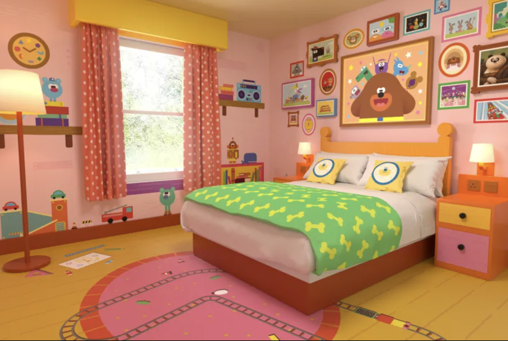 Colourful Hey Duggee themed bedroom at CBeebies Land Hotel