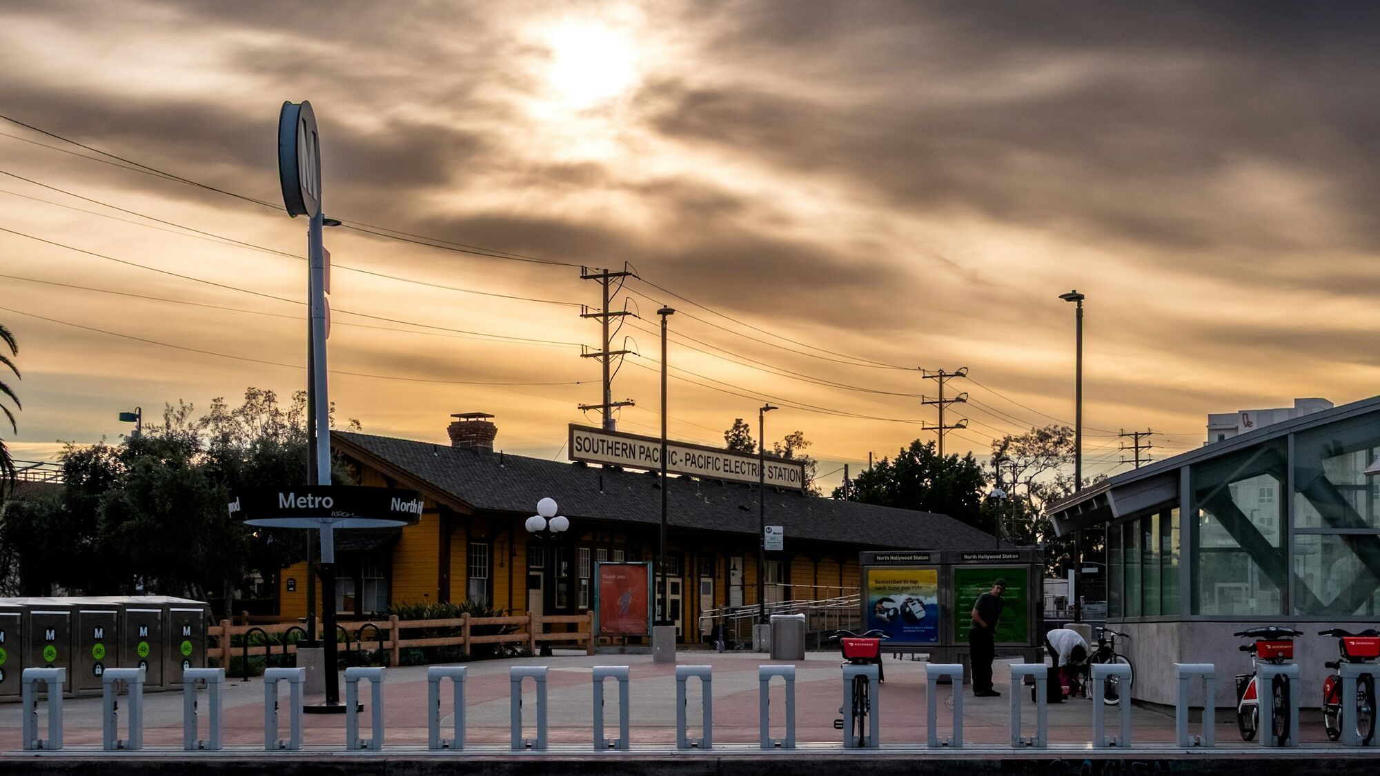 Railway station platform in California at sunset
