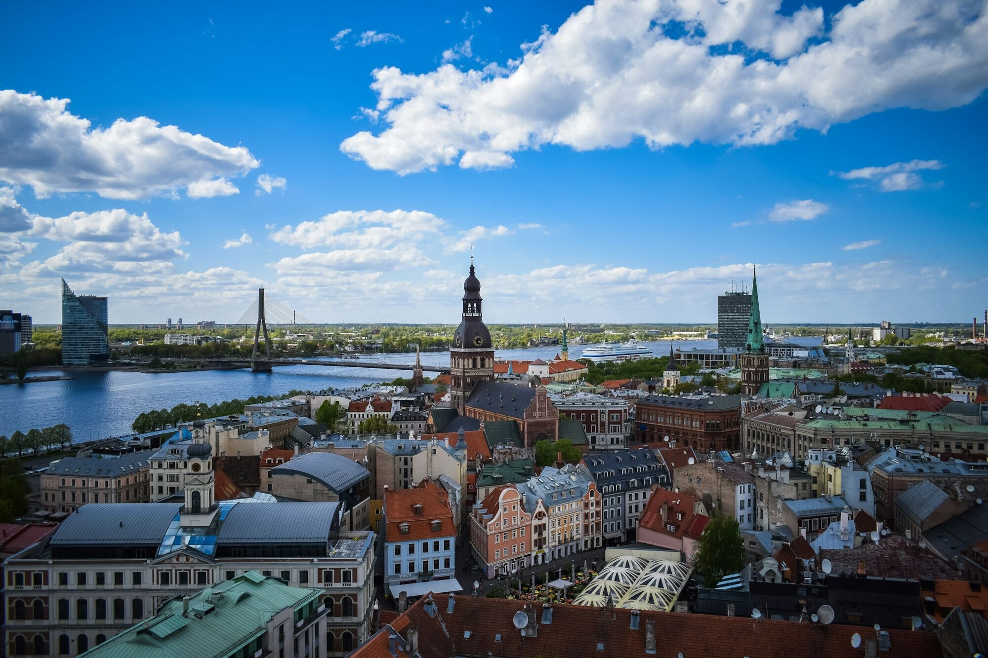 Aerial view of Riga old town skyline and Daugava river