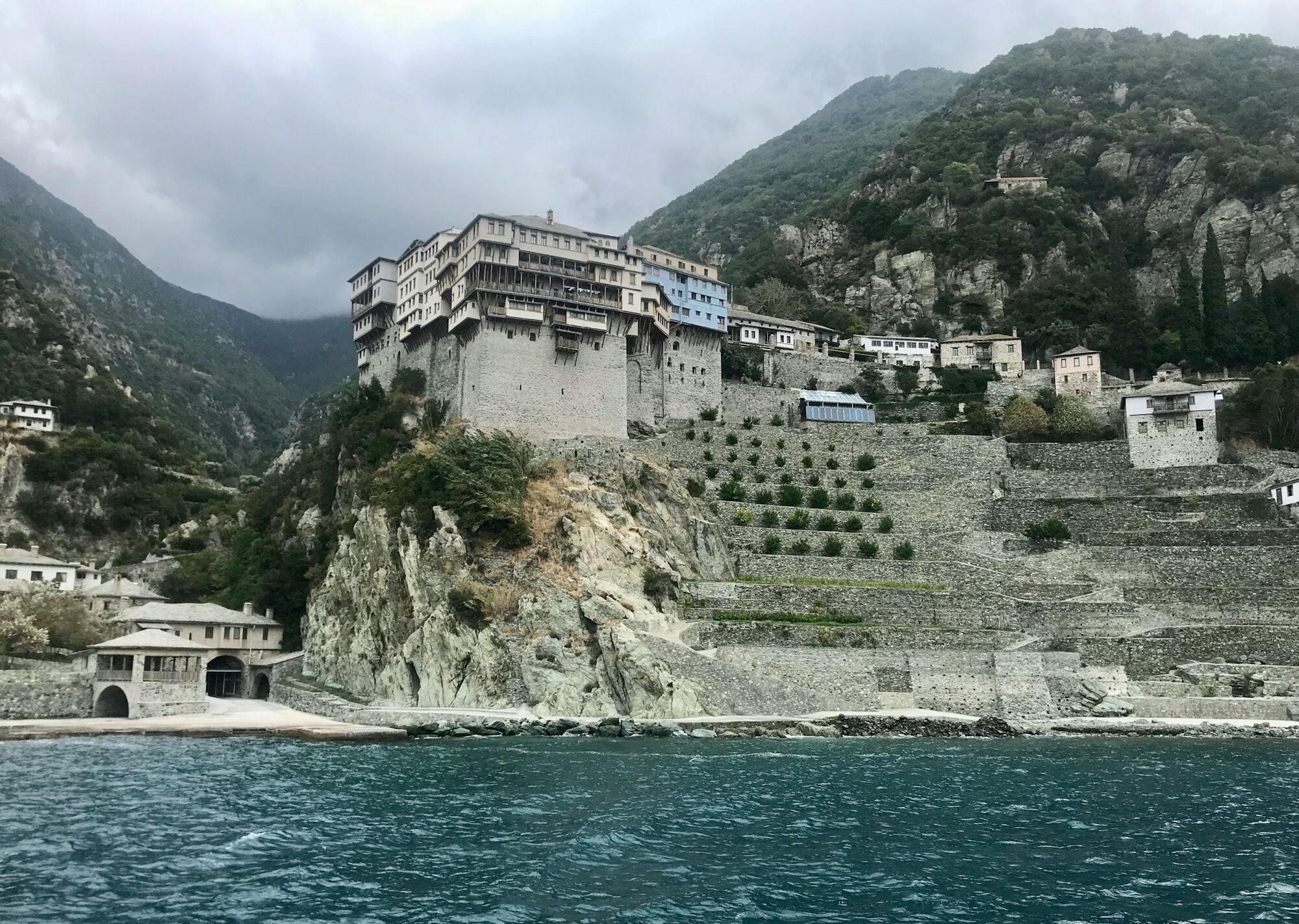 Monastery buildings on the cliffs of Mount Athos peninsula
