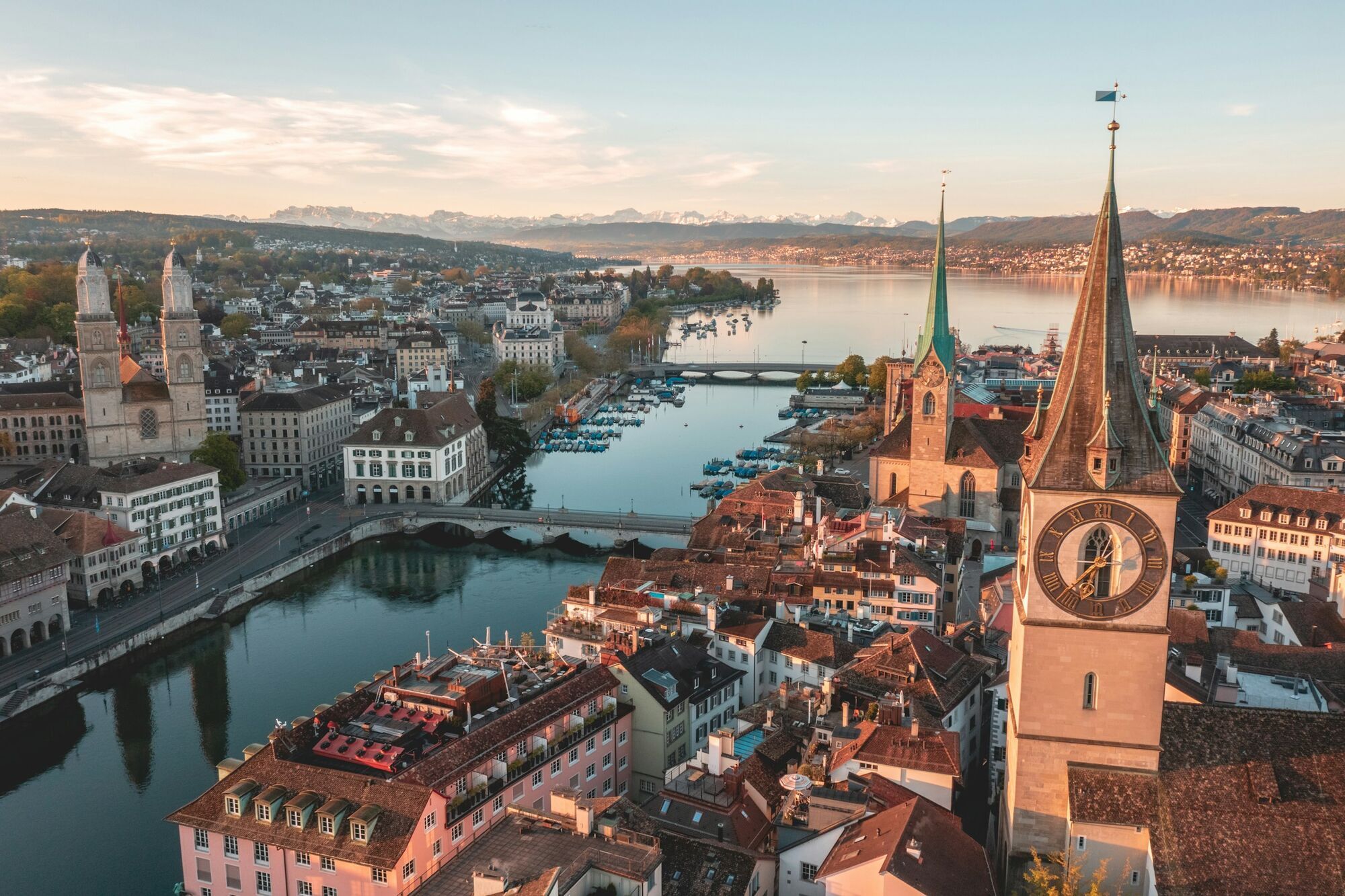 Zurich old town and Limmat River aerial view