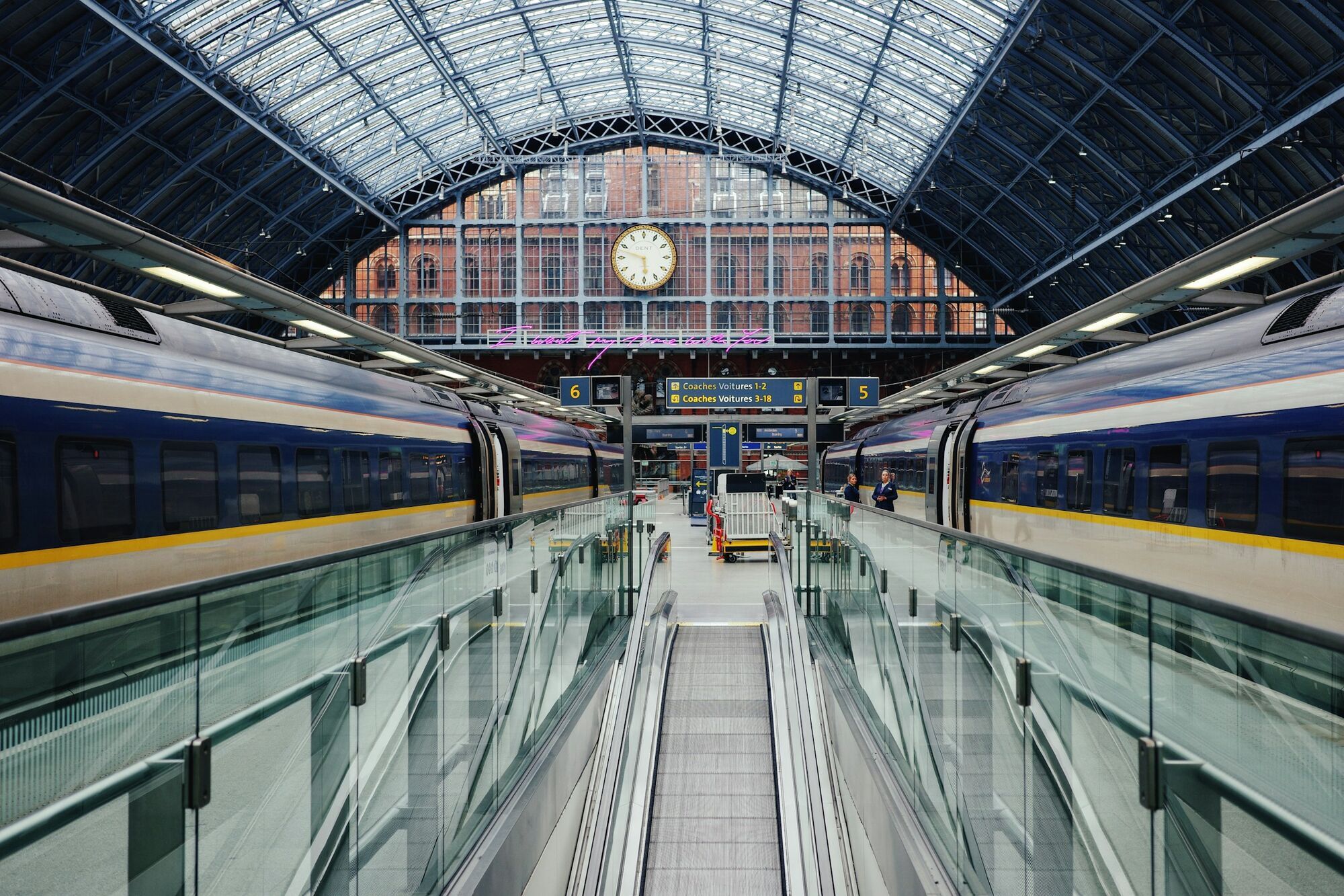 Eurostar trains inside large European station