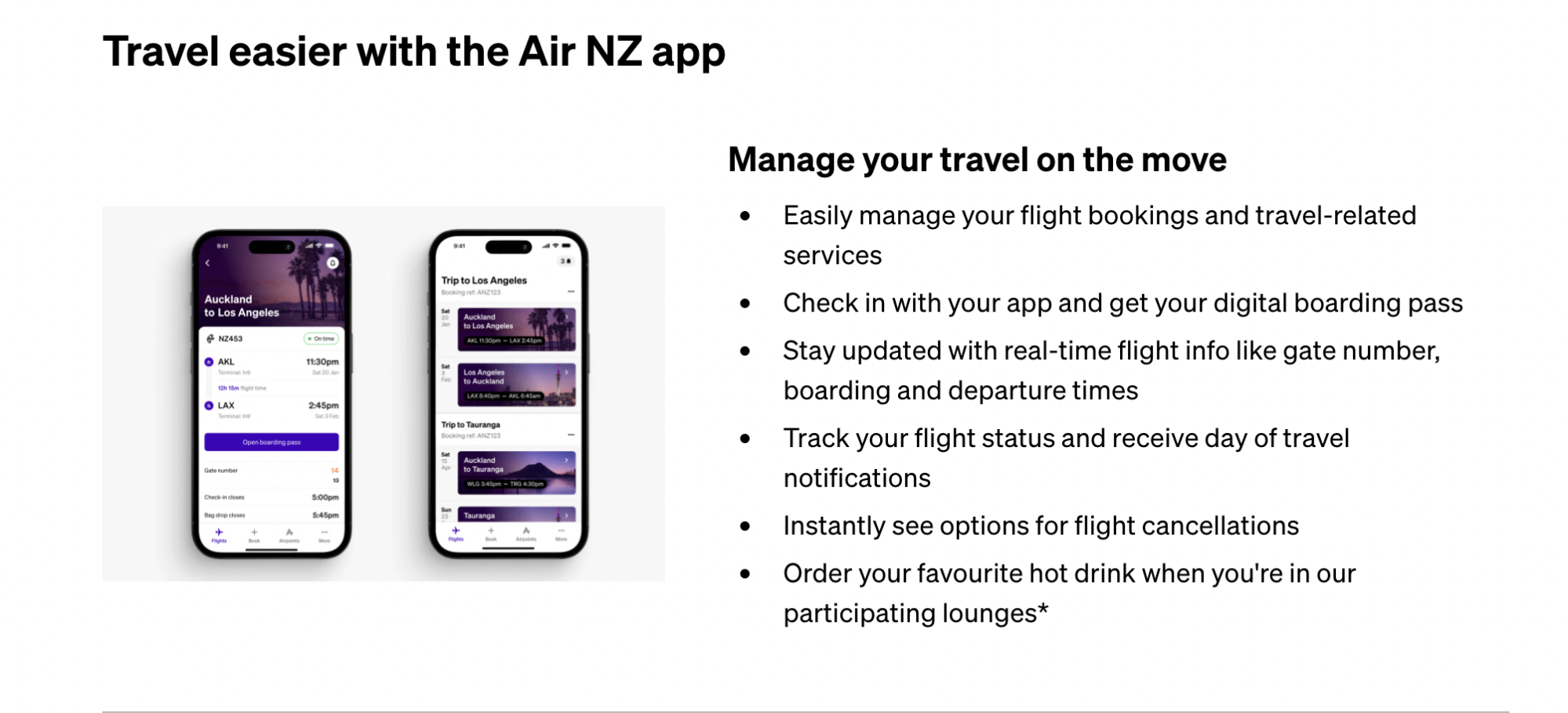 Air New Zealand mobile app flight management screens