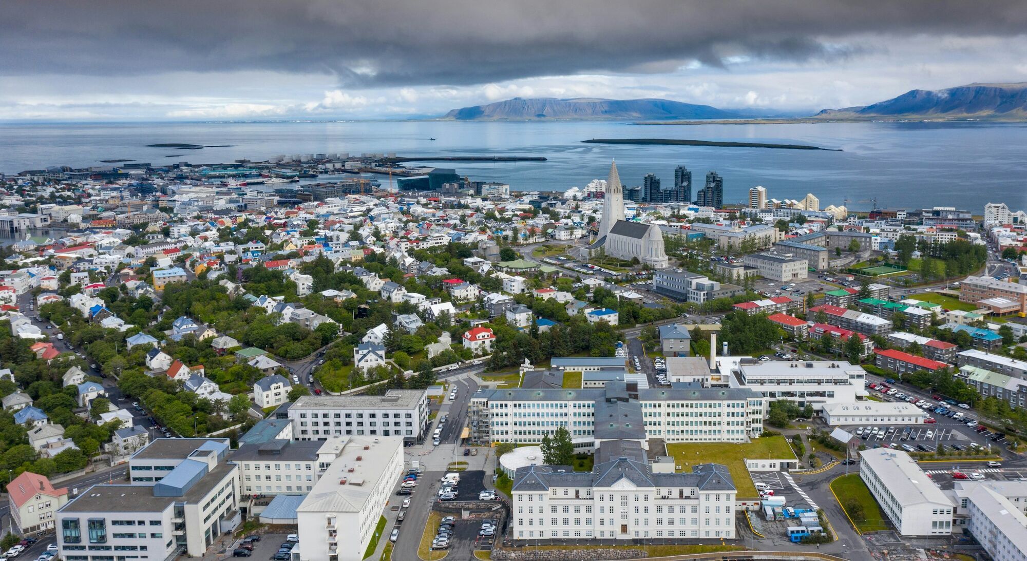 Reykjavík cityscape with coastline and Hallgrímskirkja church