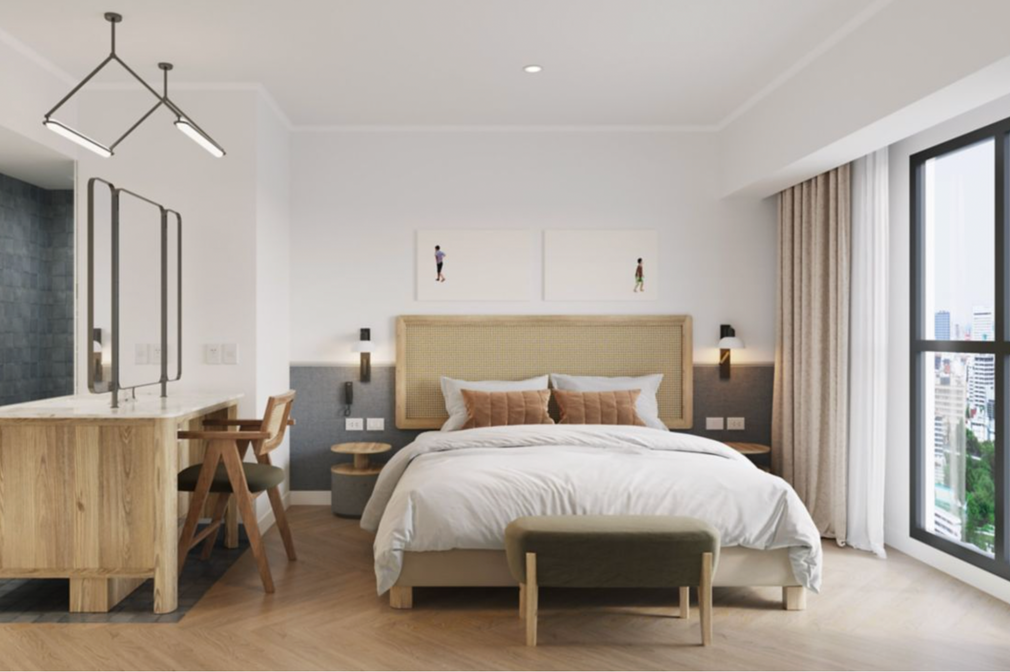 Modern hotel room interior with double bed and minimalist design details