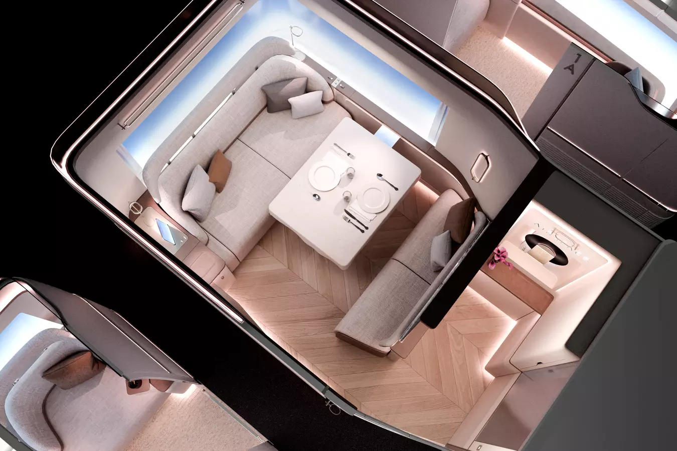 Airbus A350 First Class Master Suite with double bed and dining area for two passengers