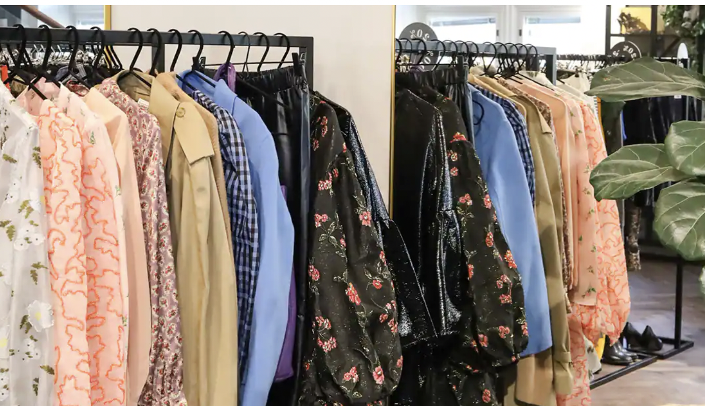 Clothing rack inside Relove second-hand store at Helsinki Airport
