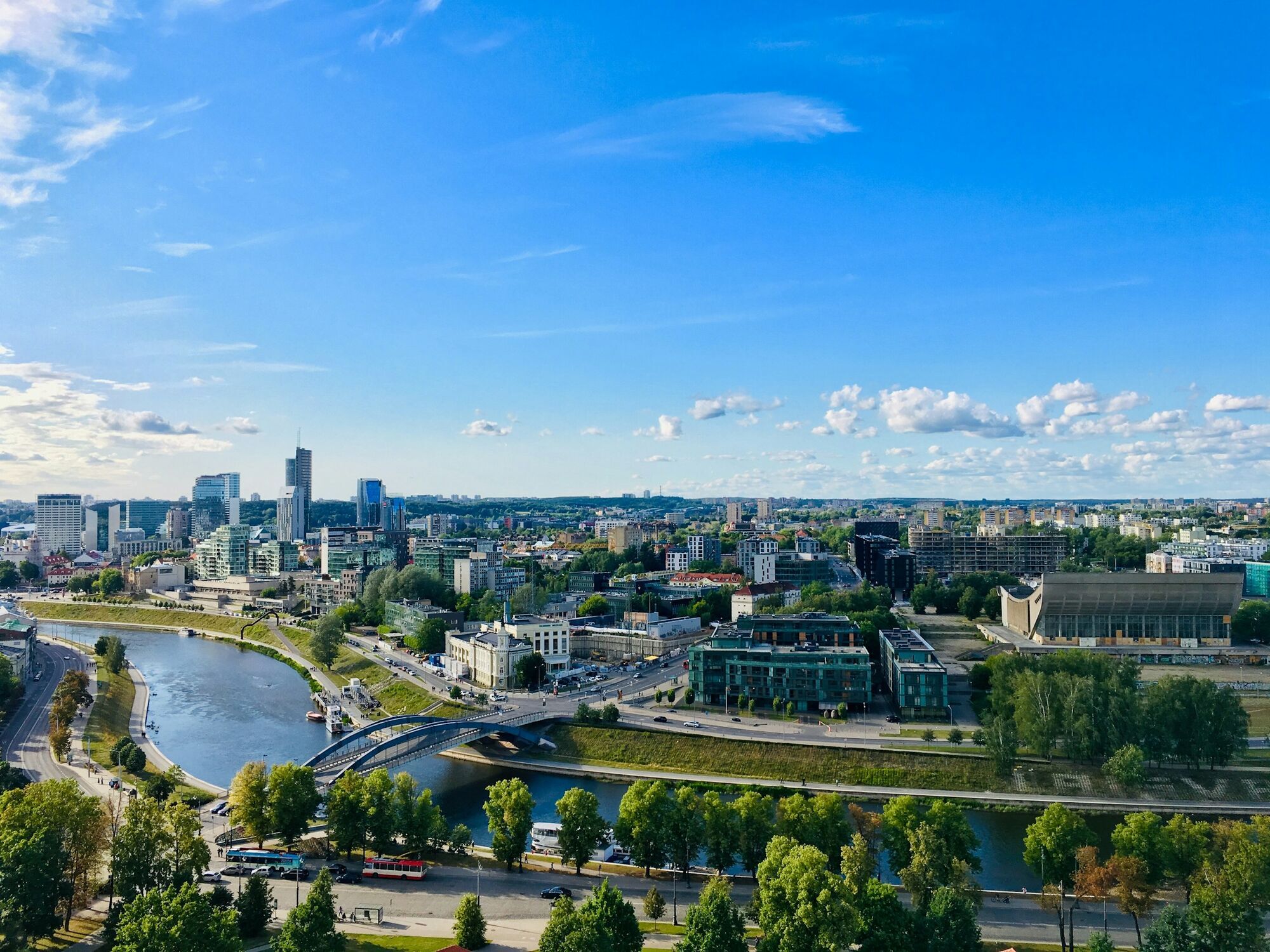 Vilnius skyline with river and modern city district