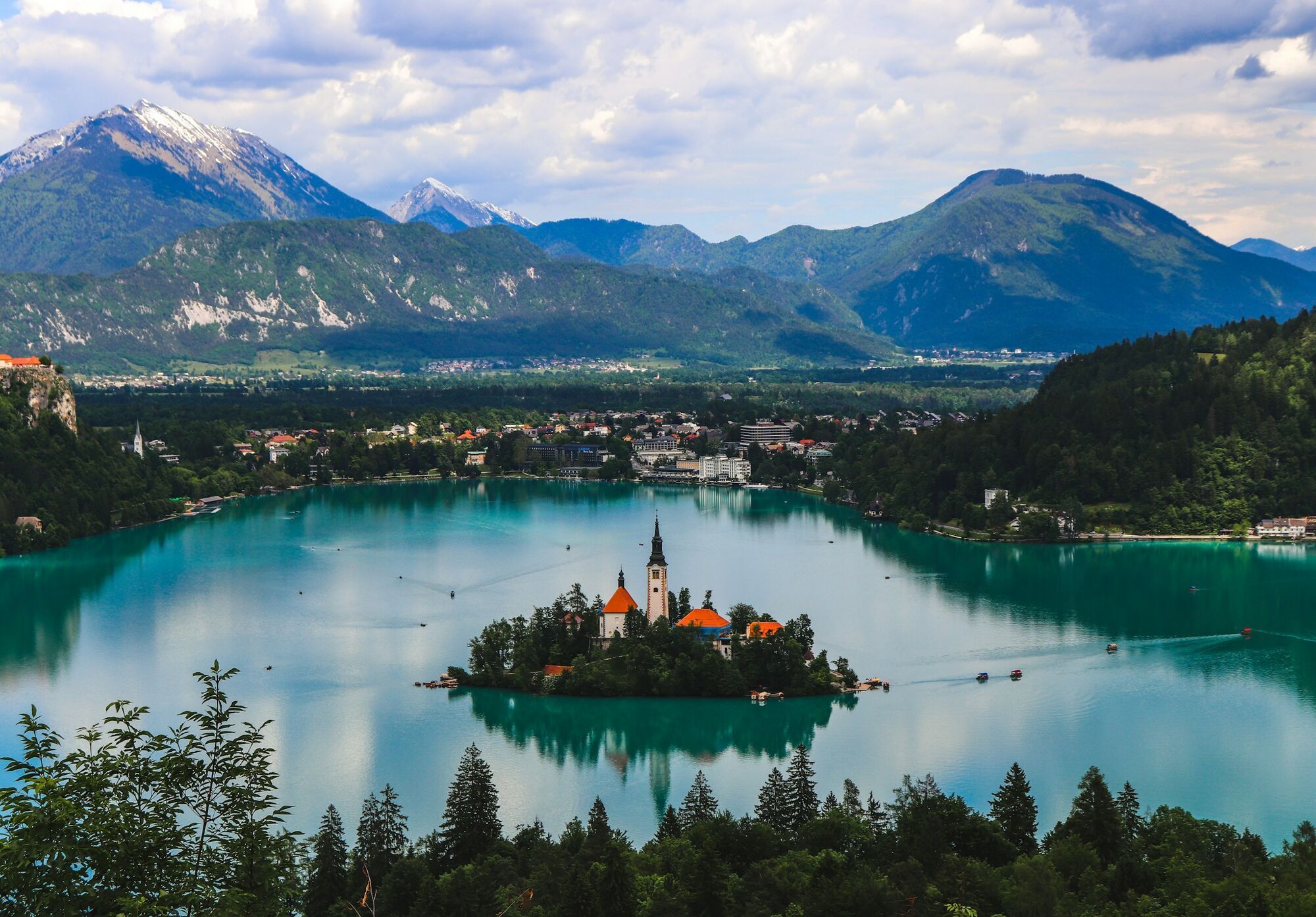 Lake Bled island and alpine landscape in Slovenia