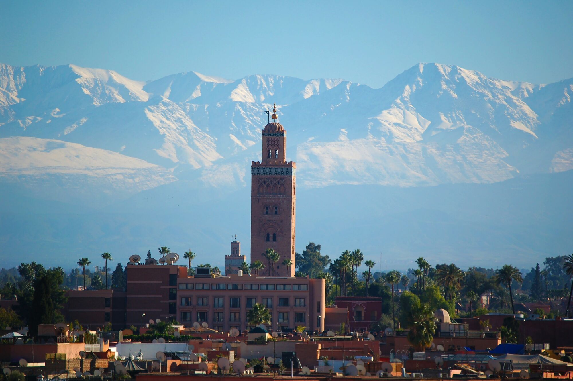 Marrakech skyline with mosque and Atlas Mountains