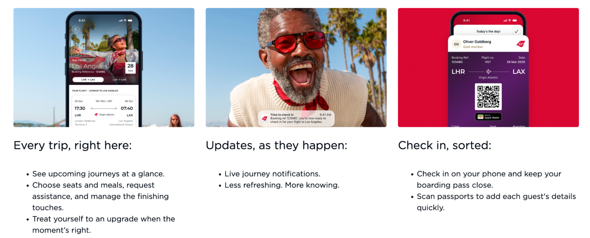 Virgin Atlantic mobile app screens showing trip details, notifications and digital boarding pass