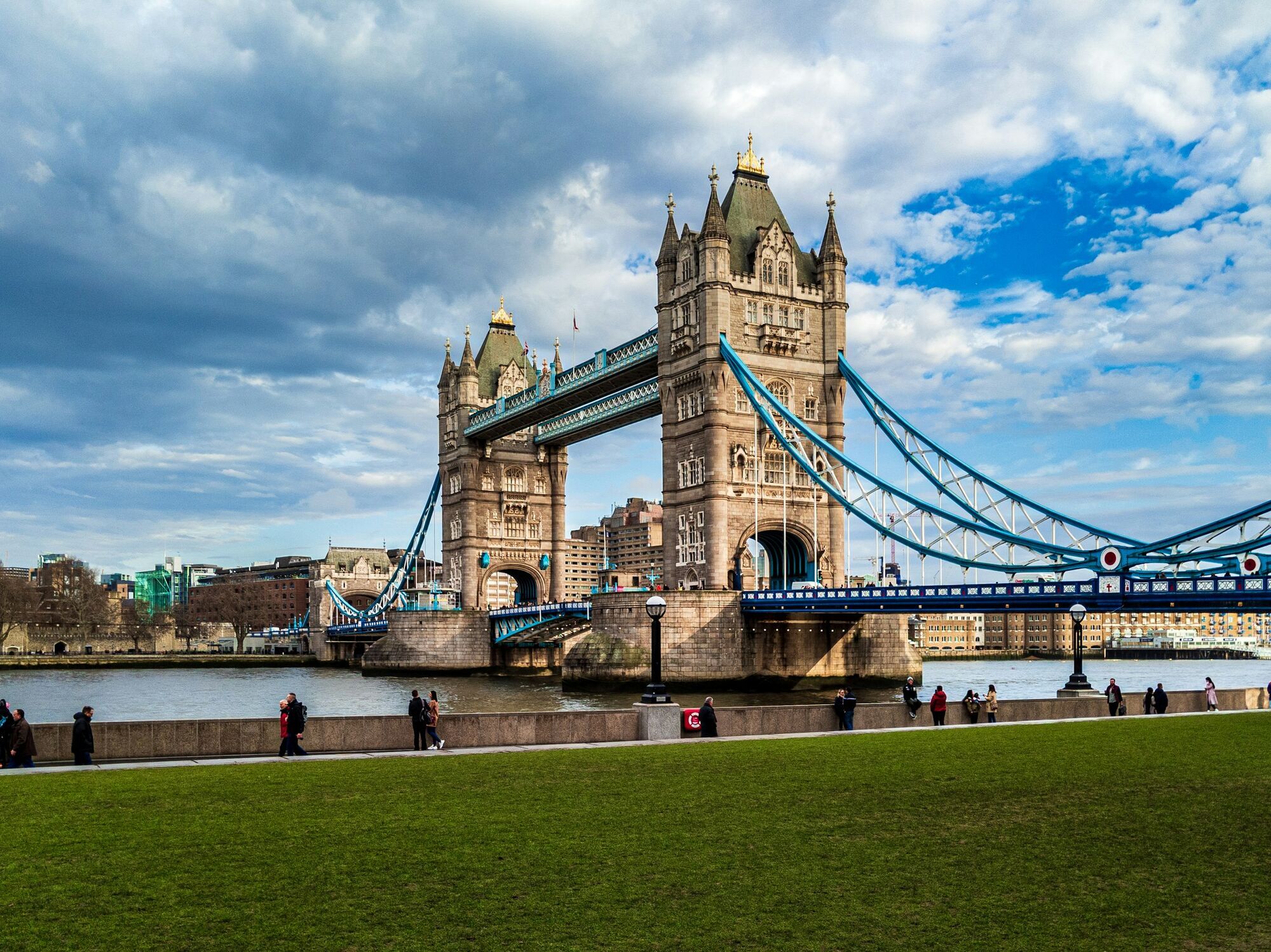 Tower Bridge in London with river and city skyline