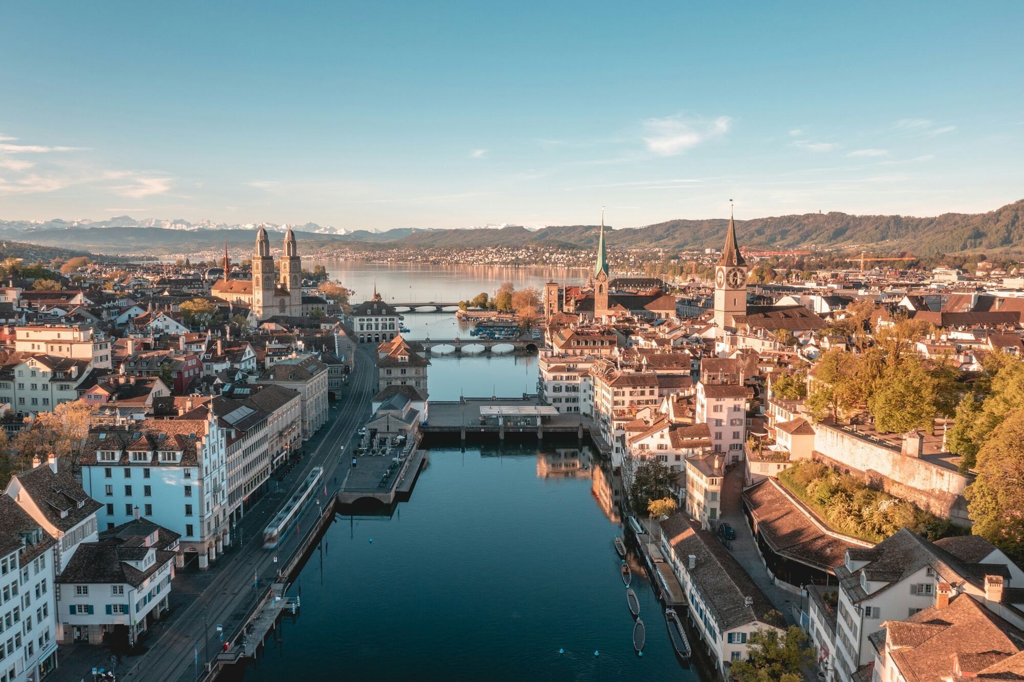 Aerial view of Zurich city and river with historic buildings
