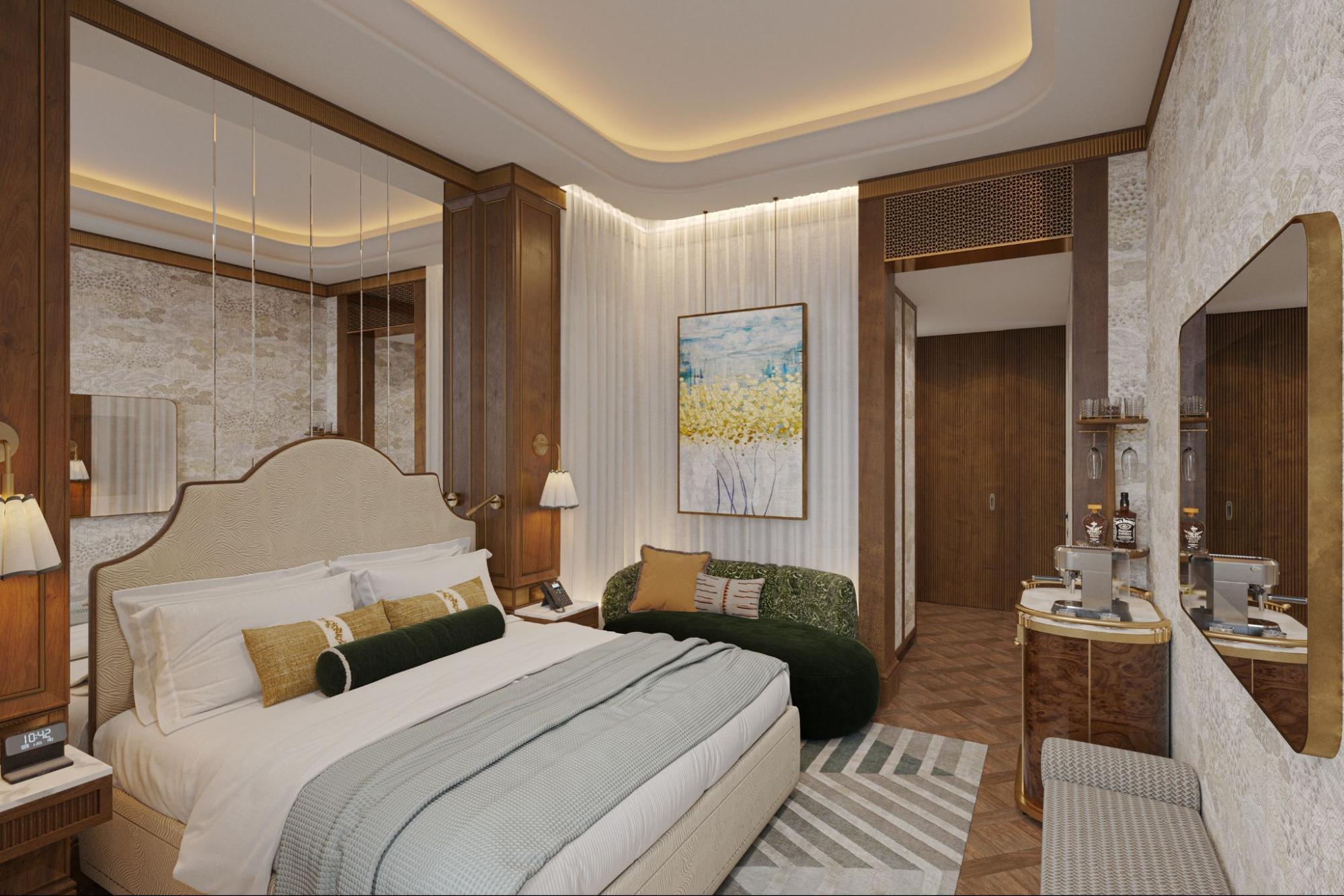 Hotel room interior with bed, seating area and warm lighting at WestDill Mayfair Hotel