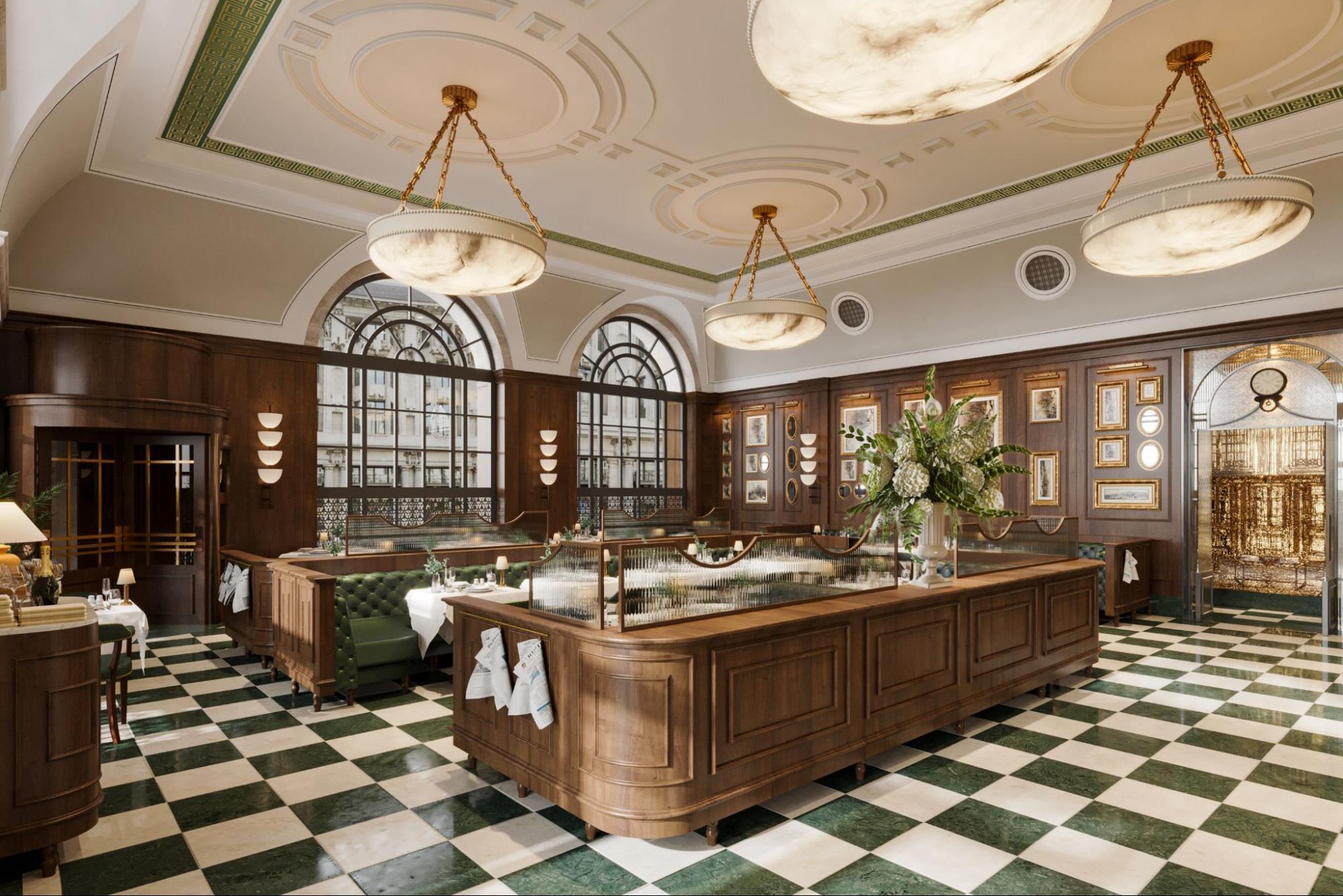 Restaurant interior with classic wood panelling and marble floor at WestDill Mayfair Hotel
