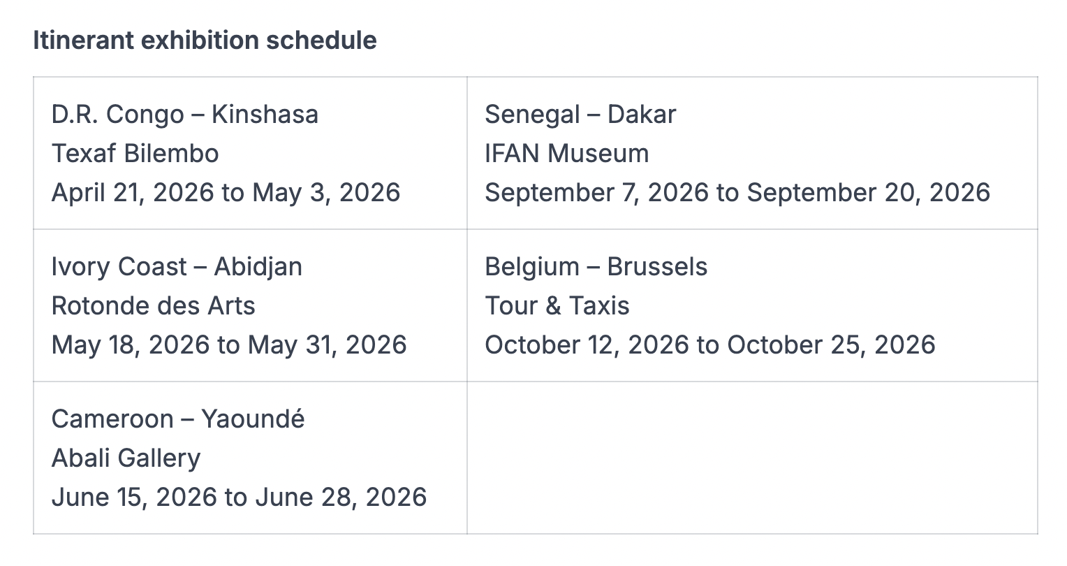 Itinerant exhibition schedule showing African cities and Brussels dates in 2026