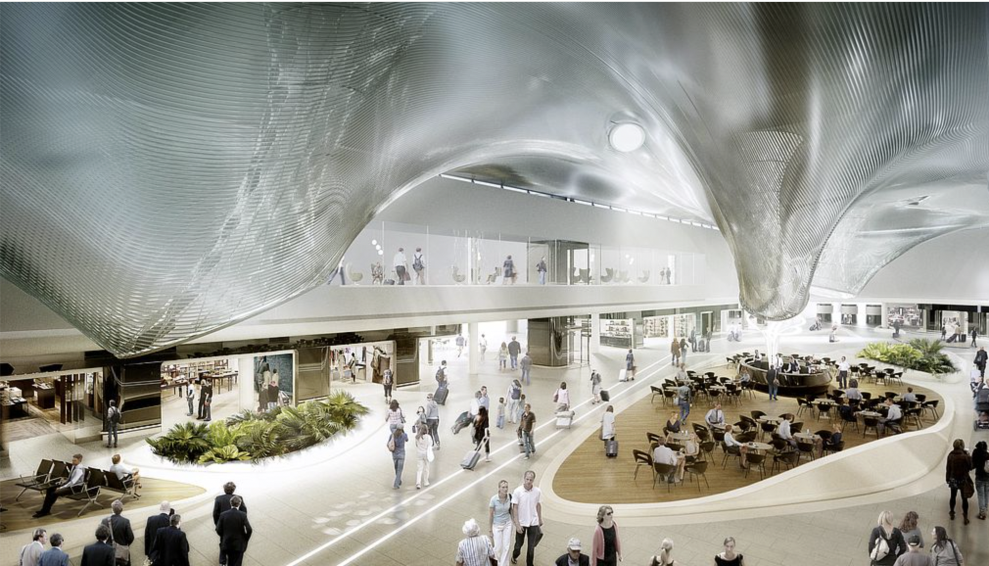 Frankfurt Airport Terminal 3 interior with passengers and retail area