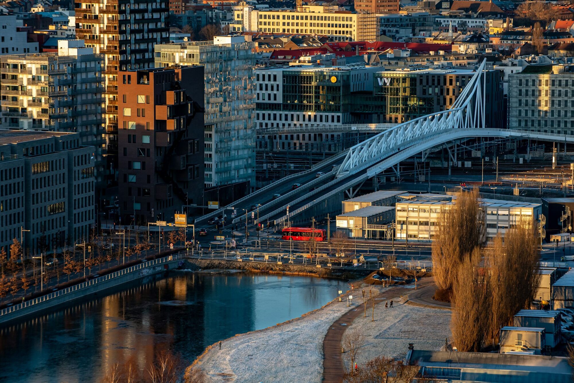 Modern buildings and bridge along Oslo waterfront