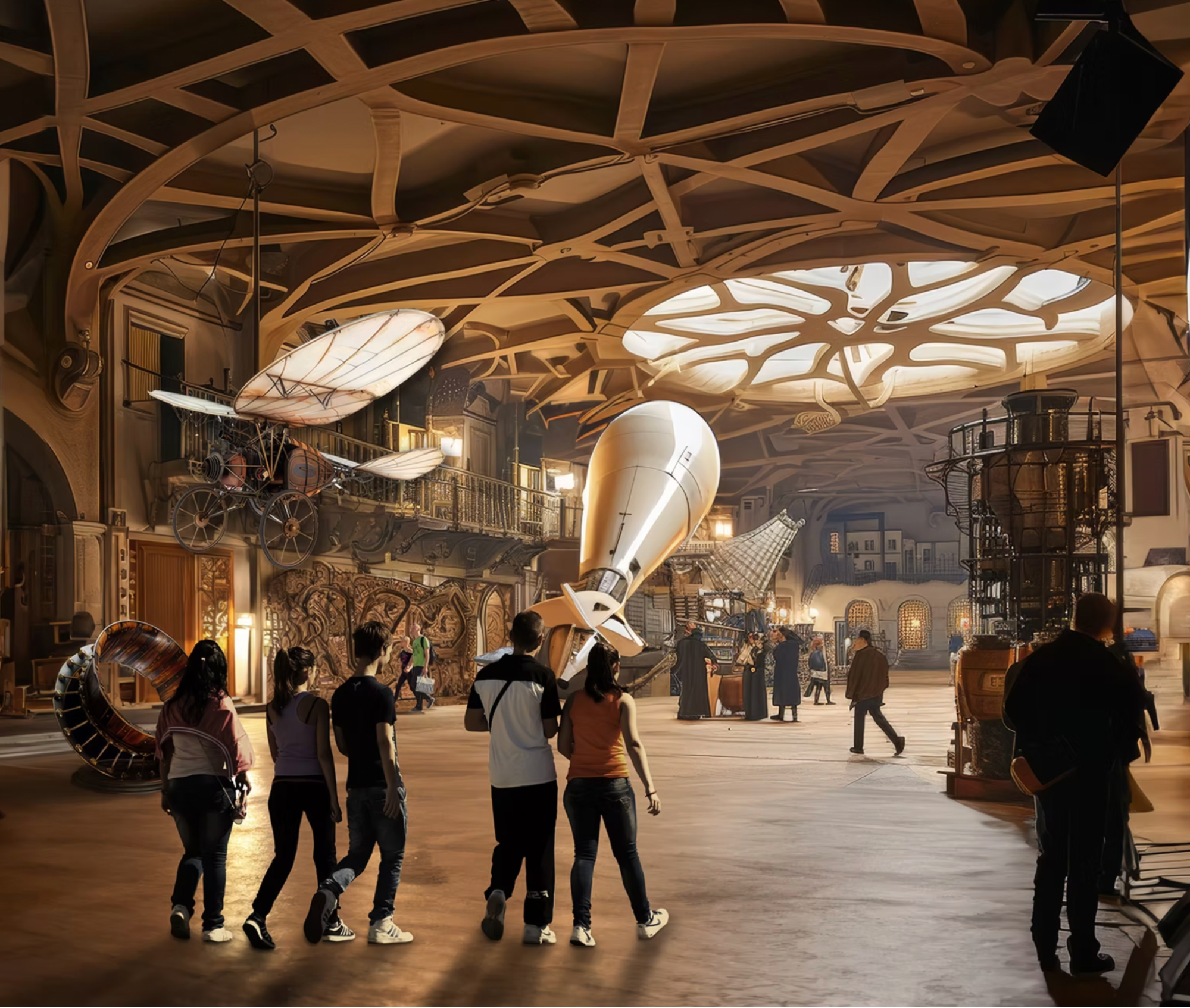 Visitors exploring large indoor exhibition with mechanical and artistic displays