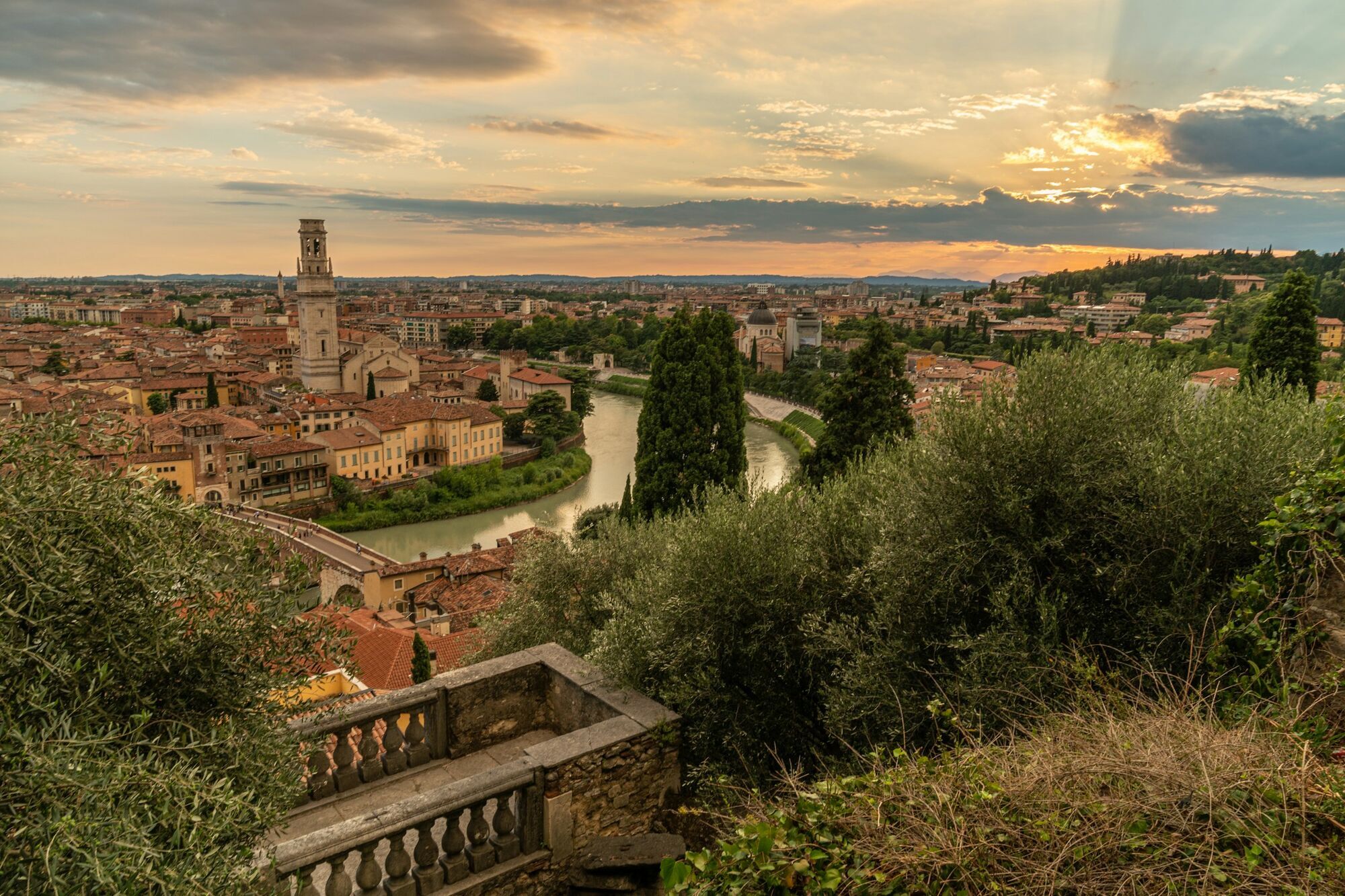 View over Verona old town and Adige River at sunset