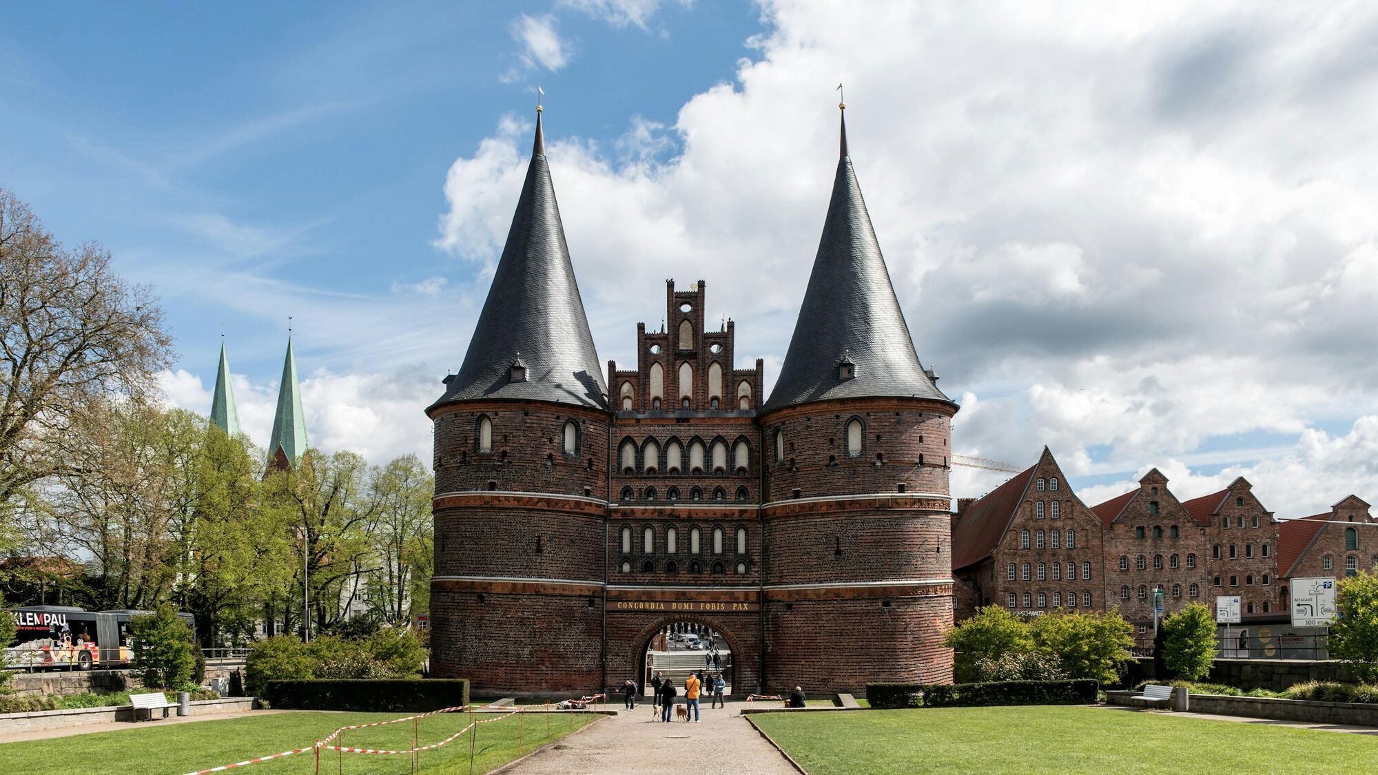 Holstentor gate in Lübeck with historic buildings