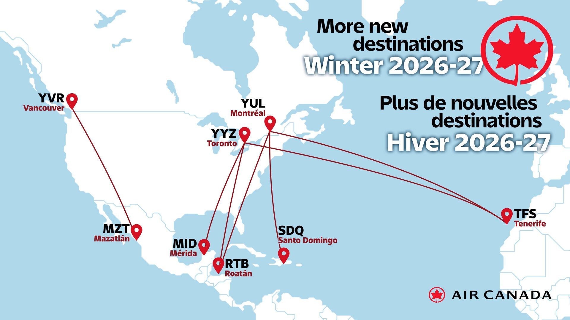 Air Canada winter 2026-27 route map showing Tenerife connection