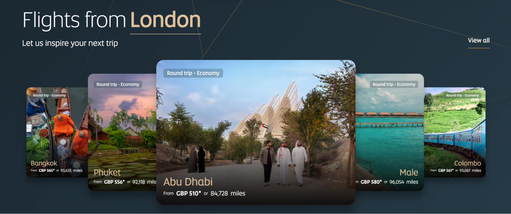 Etihad website showing discounted long-haul destinations from London