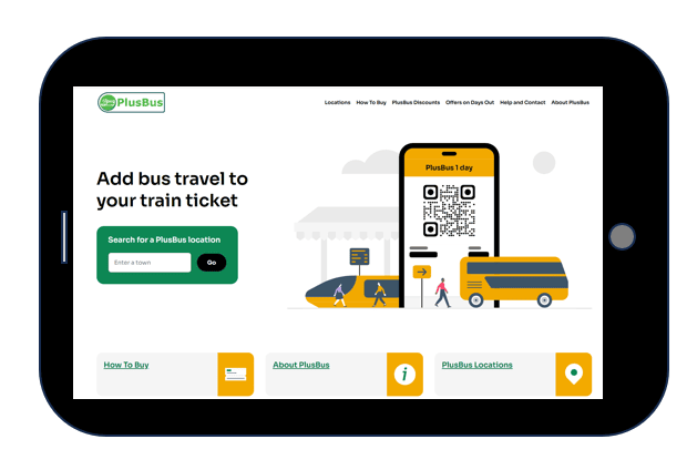 PlusBus website displayed on tablet showing digital ticket option