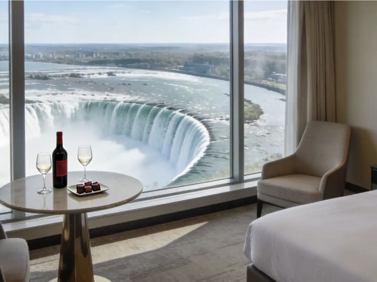 Hotel room view of Horseshoe Falls through window