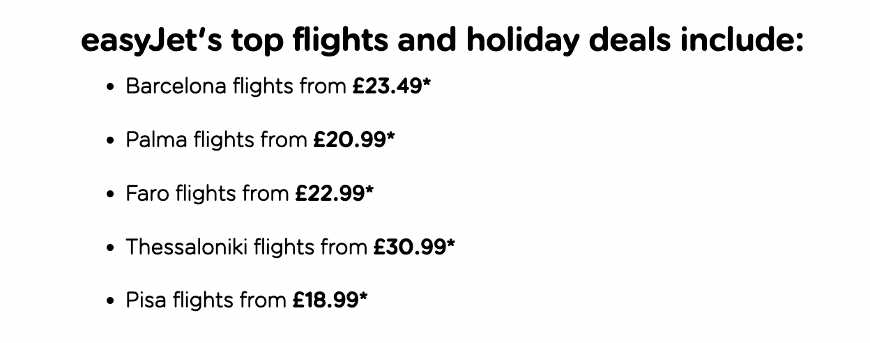 List of easyJet flight deals with starting prices for European destinations