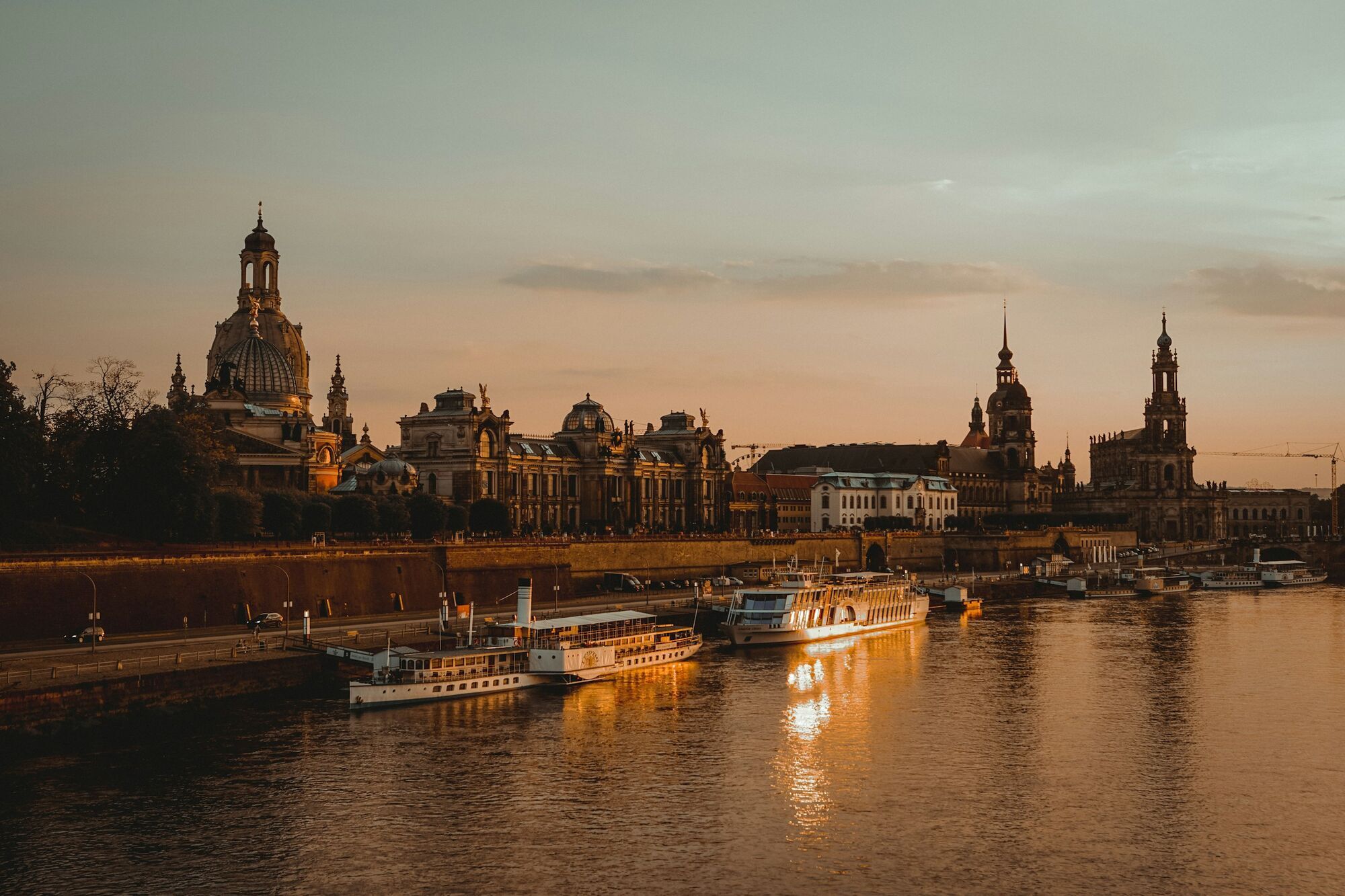 Dresden riverside skyline along the Elbe at sunset