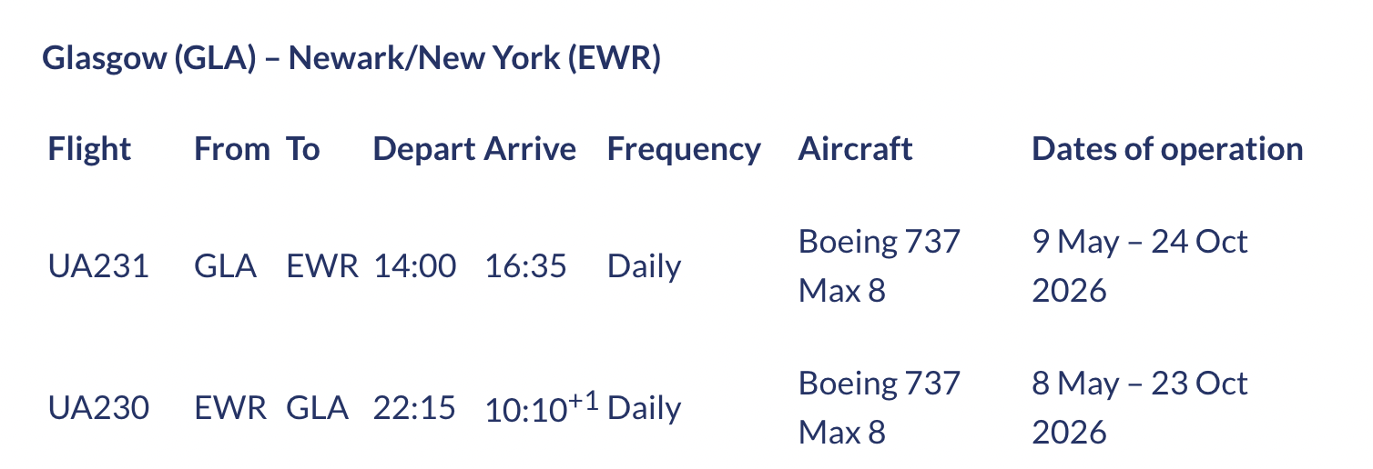 Flight timetable for United’s Glasgow and Newark route