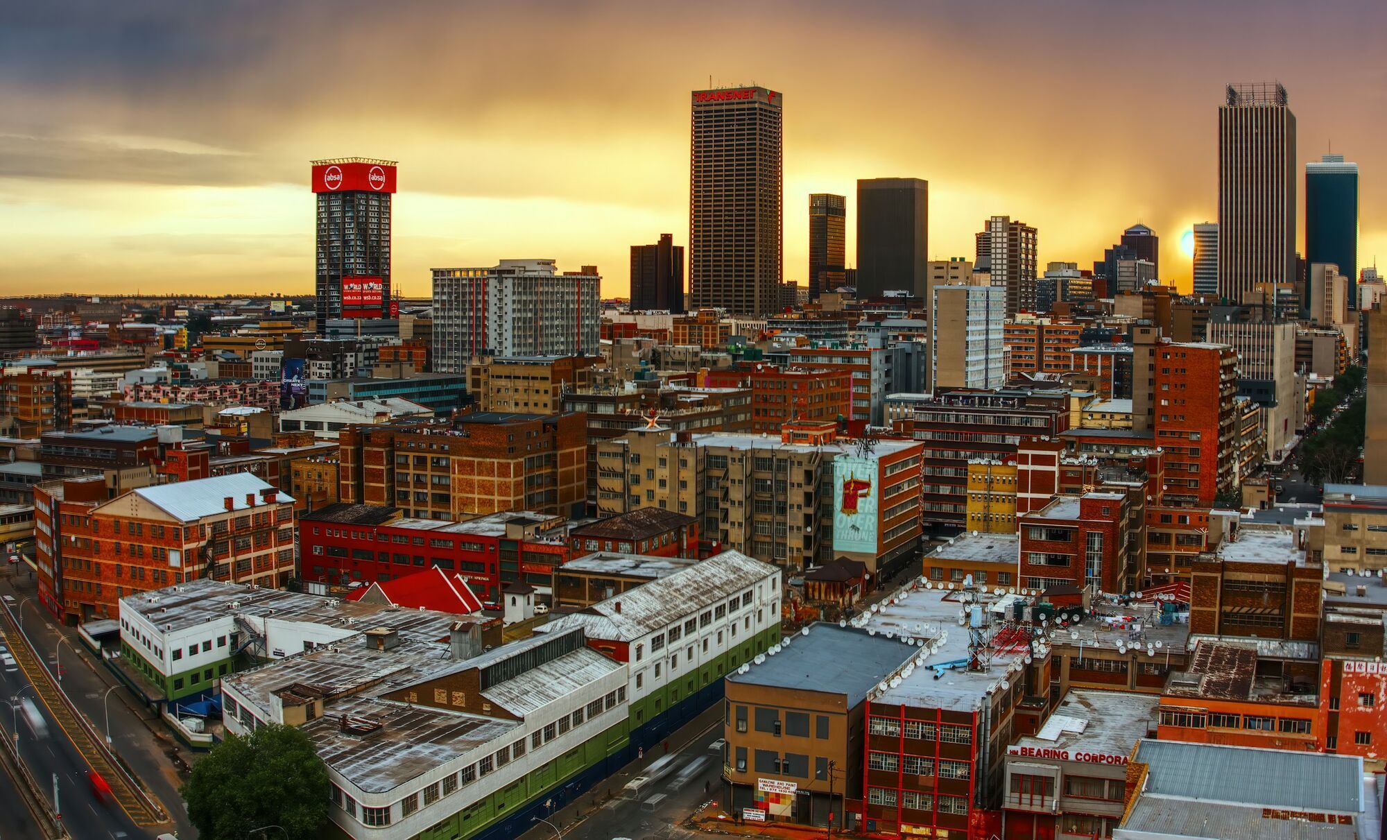 Johannesburg skyline at sunset with city buildings