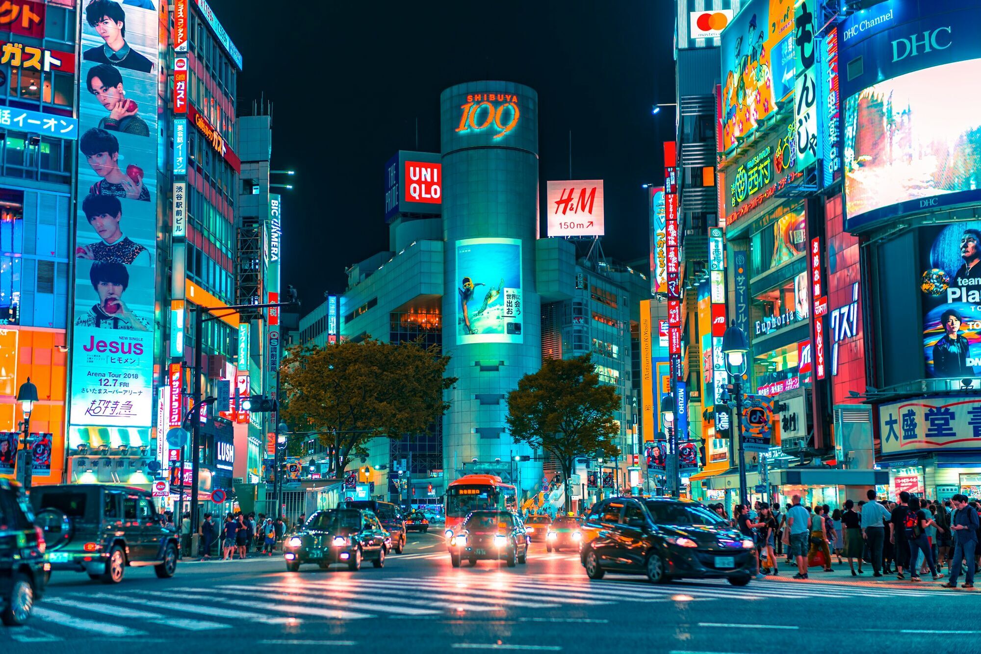 Busy street in Shibuya, Tokyo at night