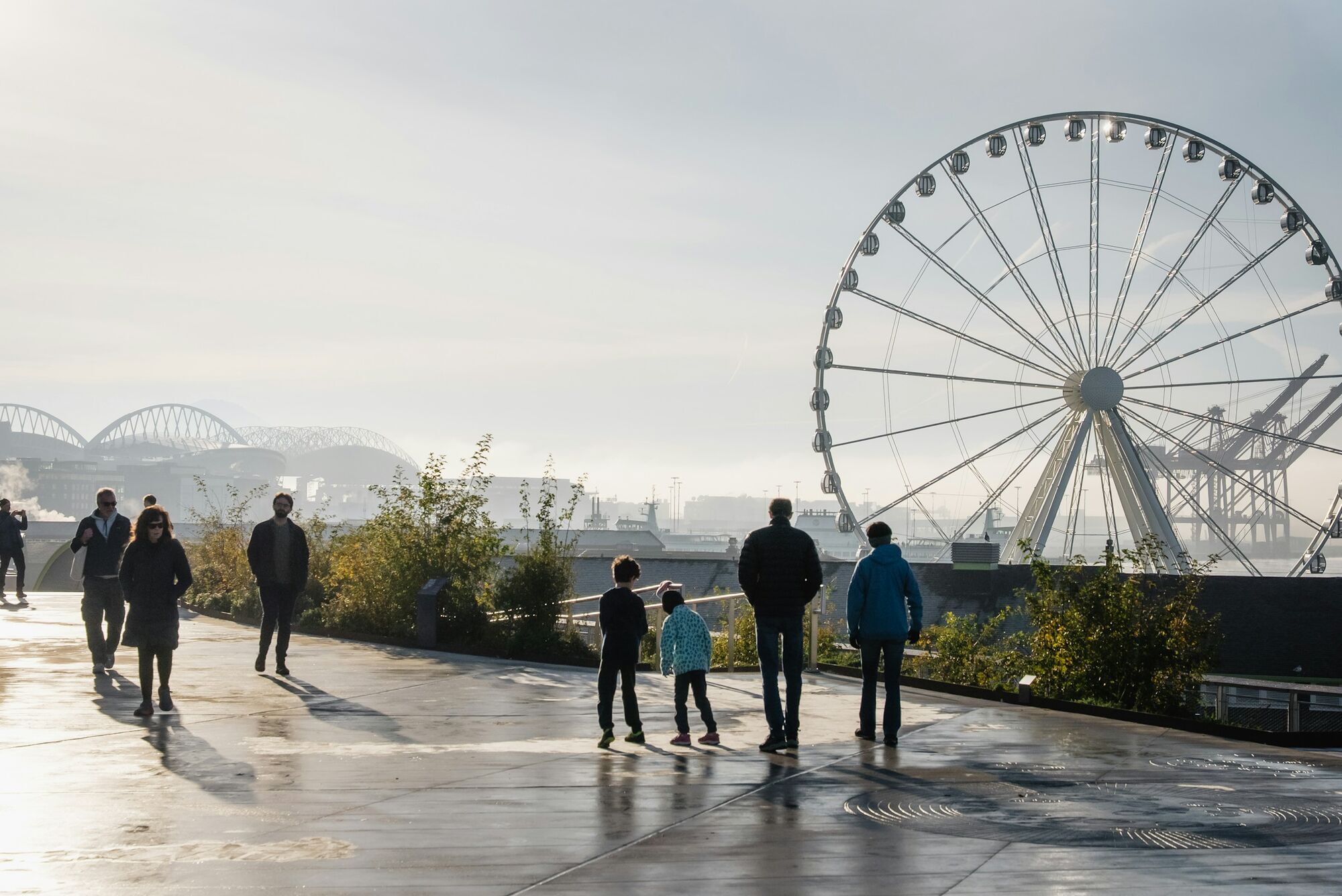 Visitors overlooking Seattle’s waterfront and Great Wheel