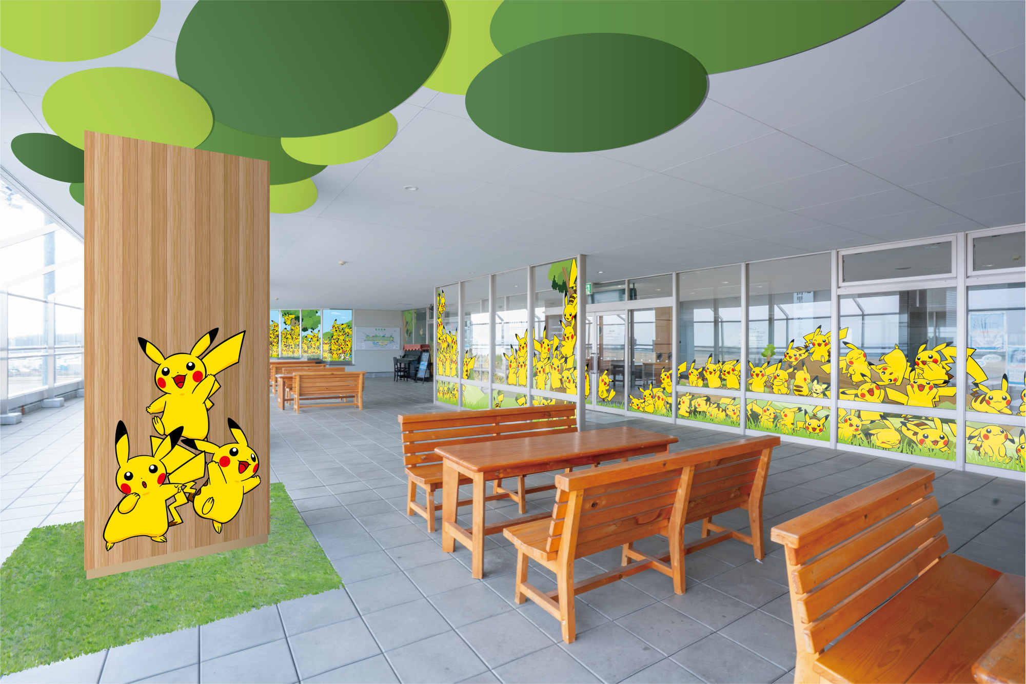 Pokémon-themed seating area with Pikachu decorations