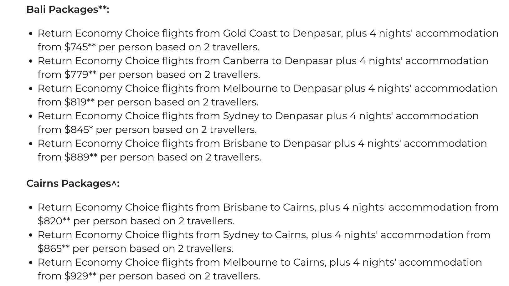 Virgin Australia Holidays package prices for Bali and Cairns