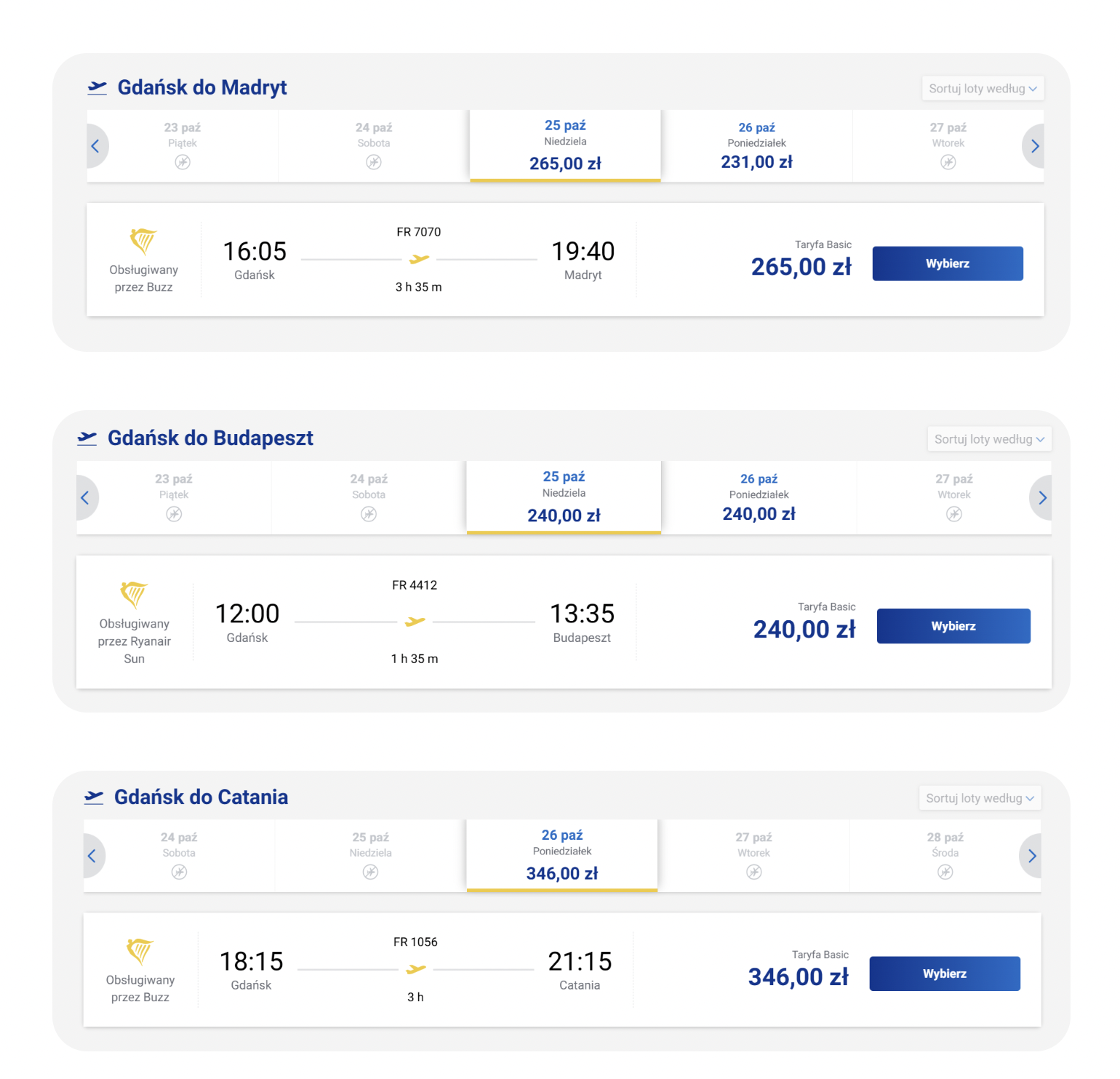 Ryanair booking page showing flights from Gdańsk to Madrid, Budapest and Catania
