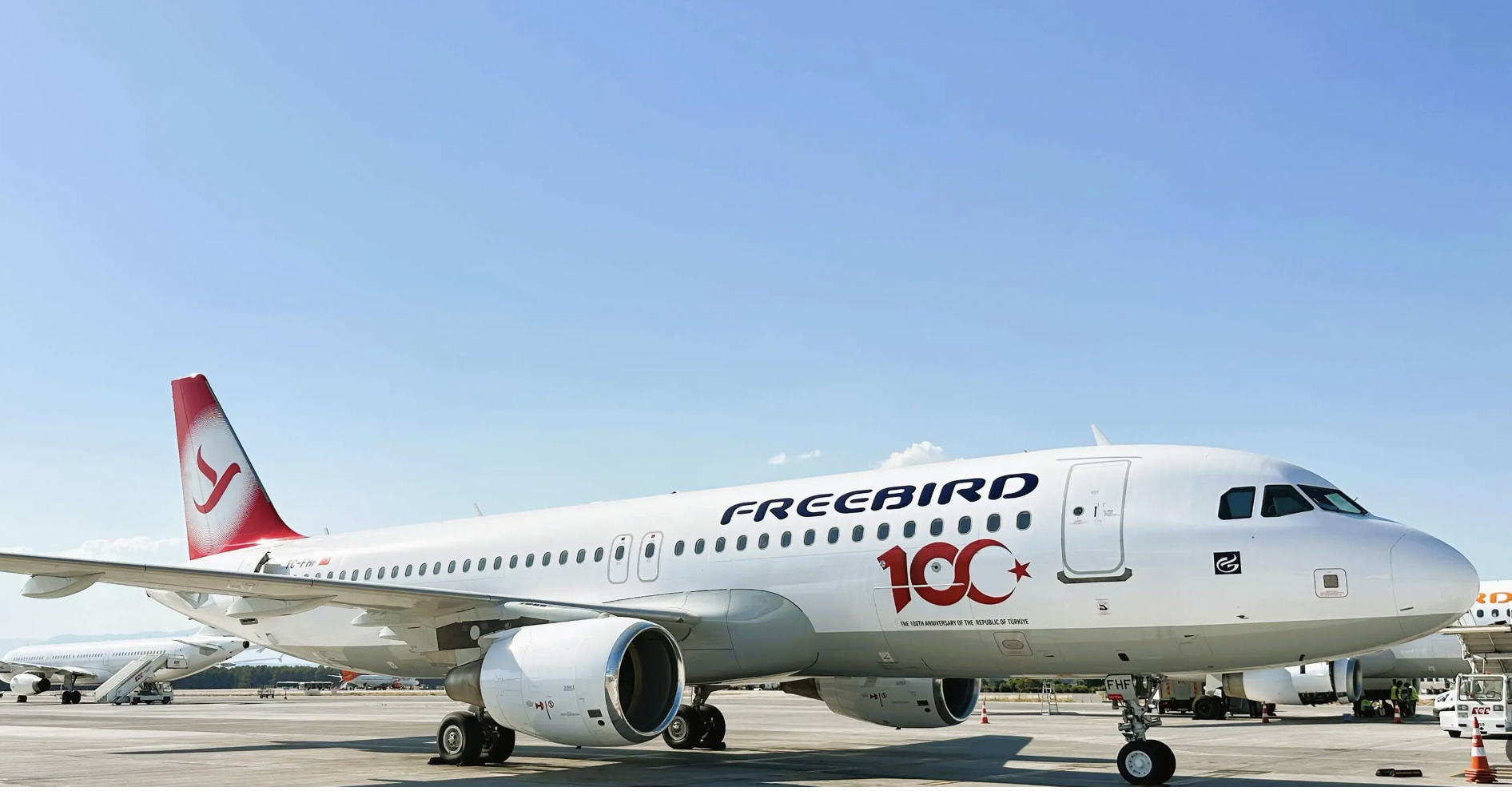 Freebird Airlines aircraft parked on the airport apron under a blue sky