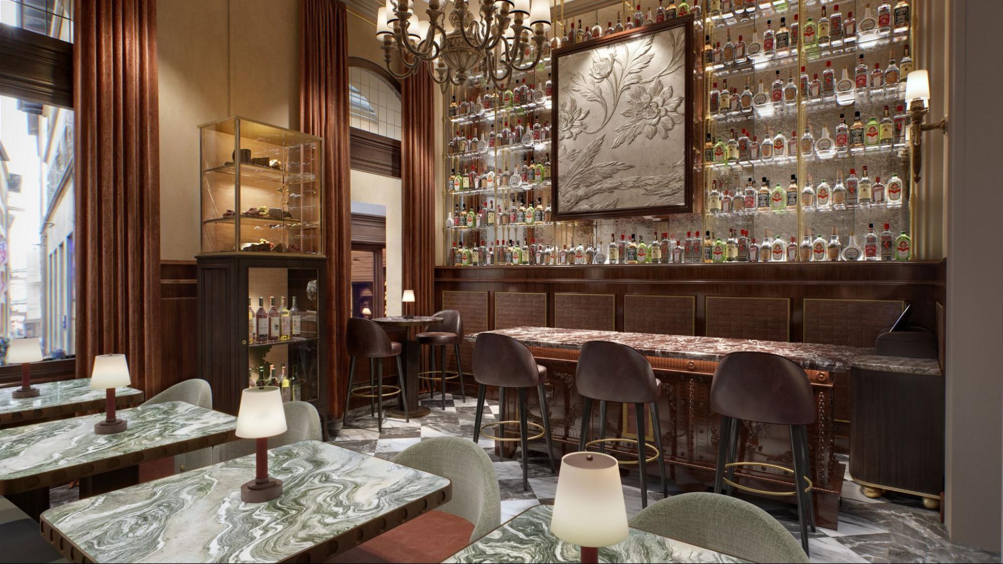 Bistro bar at Porta Rossa Hotel Firenze with marble tables
