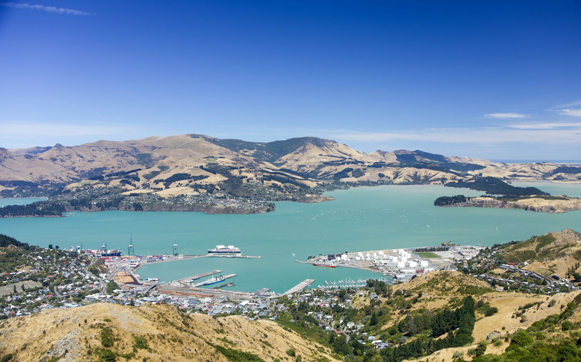 Harbour and hills near Christchurch on New Zealand’s South Island