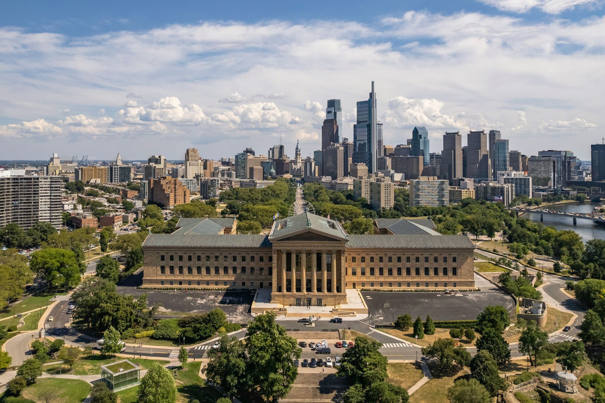 Philadelphia skyline with the museum of art in the foreground