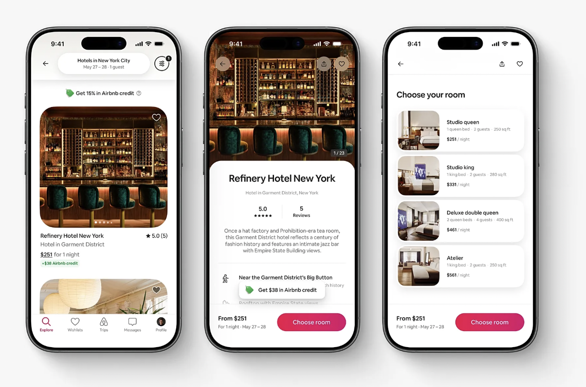 Airbnb app screens showing boutique hotel booking options