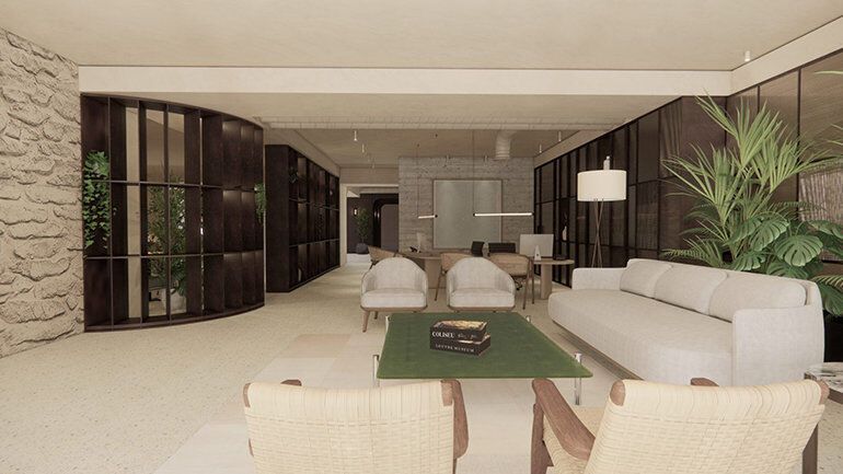 Design rendering of a modern hotel lounge in Braga