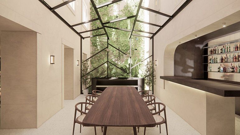 Design rendering of a hotel dining area with a glass roof