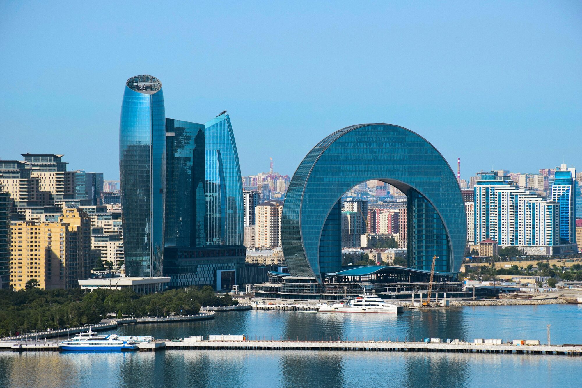 Baku skyline with modern waterfront architecture and Crescent development