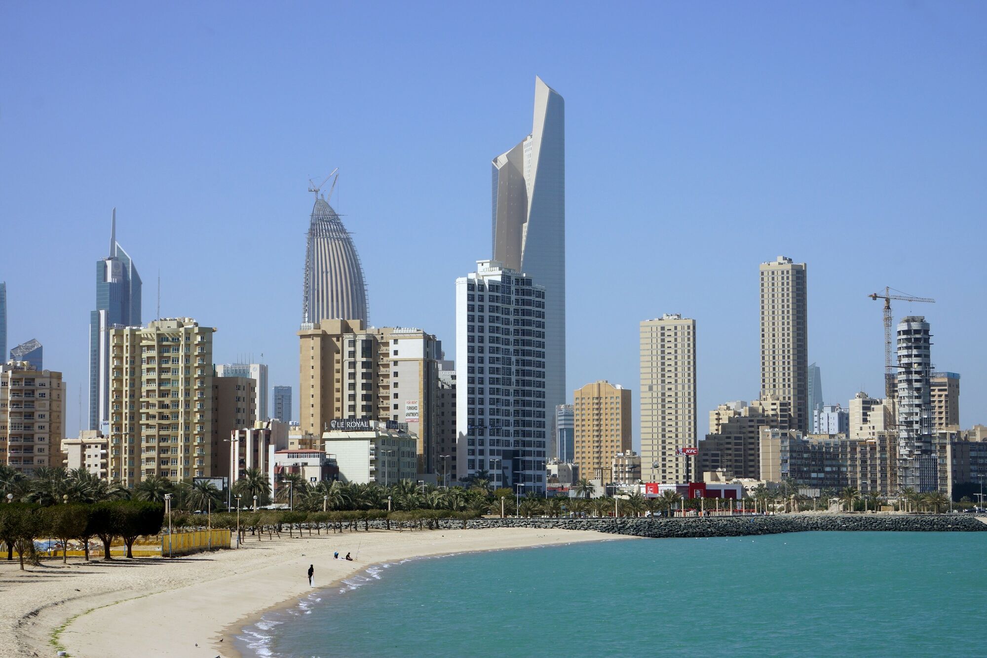 Coastal skyline in Kuwait with modern buildings and waterfront