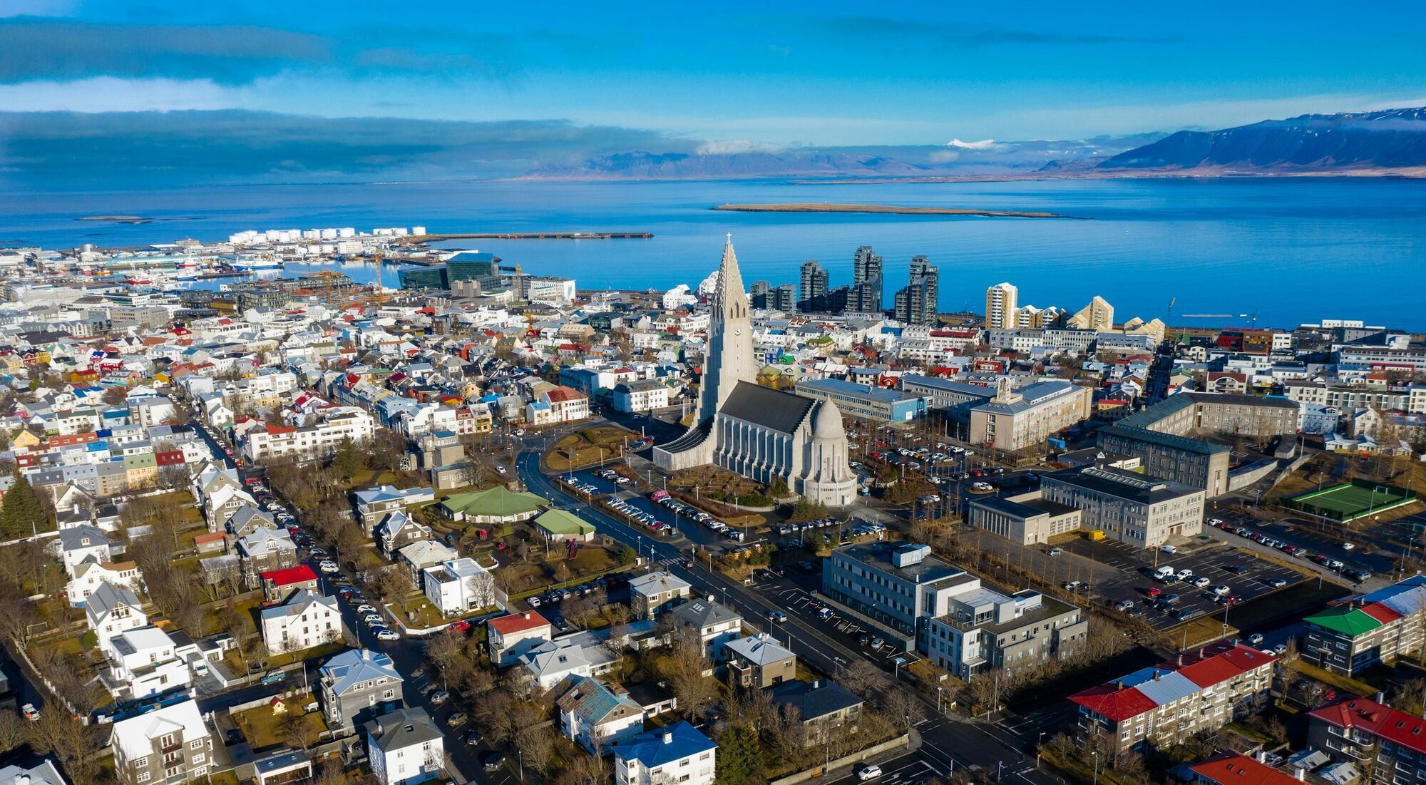 Aerial view of Reykjavík with Hallgrímskirkja and the Icelandic coastline