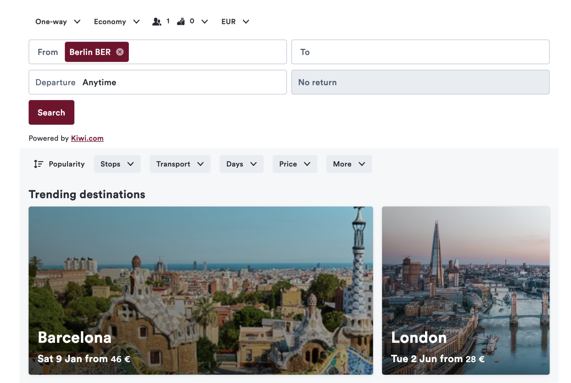 BER flight search page powered by Kiwi